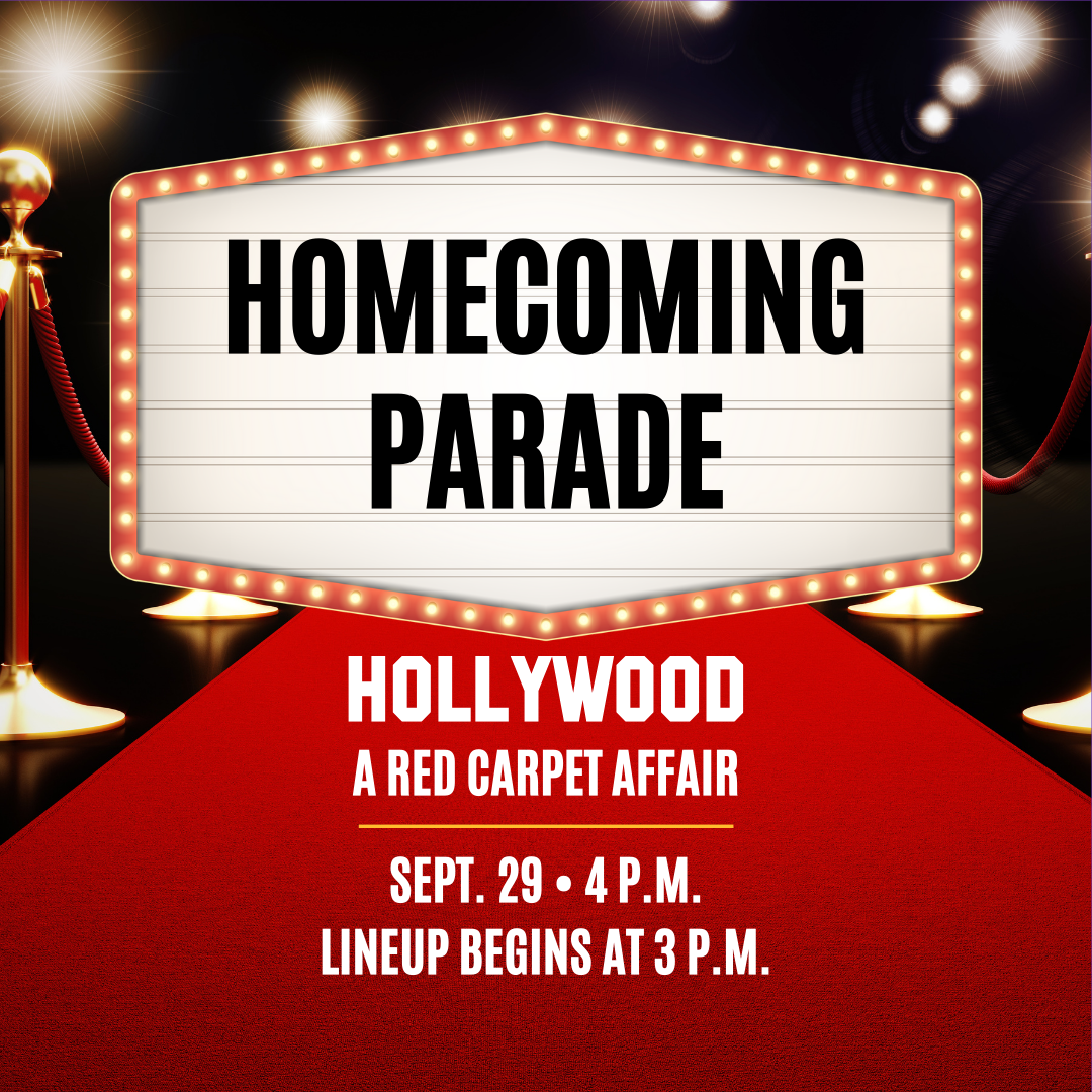 Graphic reads "homecoming parade, hollywood: a red carpet affair. Sept. 29, 4 p.m. Lineup begins at 3 p.m."